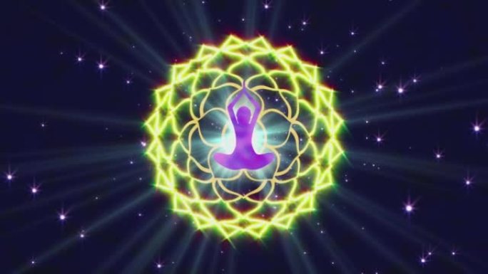 循环的启蒙动画与脉轮光环场的多色能量形成了符号莲花和印度符号OM的不同图案。VJing视频