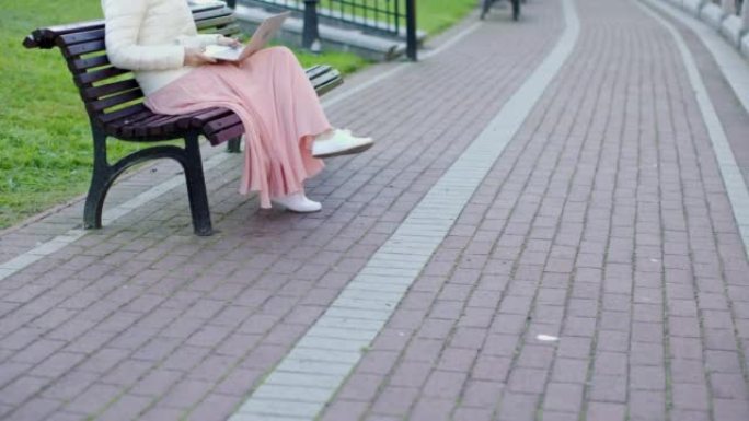 穿着粉色裙子的不可识别的女性坐长凳公园开放式笔记本电脑键盘