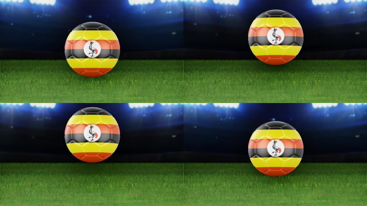 乌干达国旗足球，带灯跳入体育场。足球场和球，4k分辨率，循环-股票视频