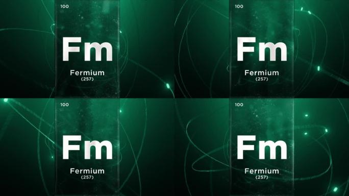 元素周期表的ferm (Fm) 符号化学元素，原子设计背景上的3D动画