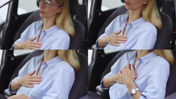 女司机穿着休闲的蓝色衬衫触摸胸部，呼吸困难，坐在路边的汽车上，感觉胸部疼痛，心脏病发作或心力衰竭的风