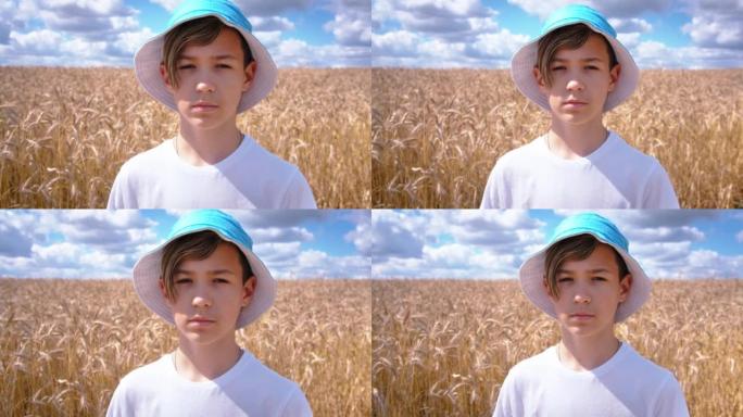 一个十几岁的男孩在麦田里看着相机的肖像，夏天阳光明媚的天气，移动的相机