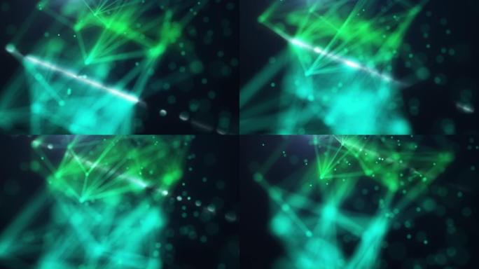 摘要神经丛数字绿波三角形状数字蓝色波上流动的小颗粒在波和光抽象背景上跳舞运动。网络或技术背景。