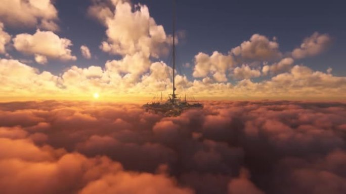 日落时的未来之城。科幻城市云层上方的正面空中射击