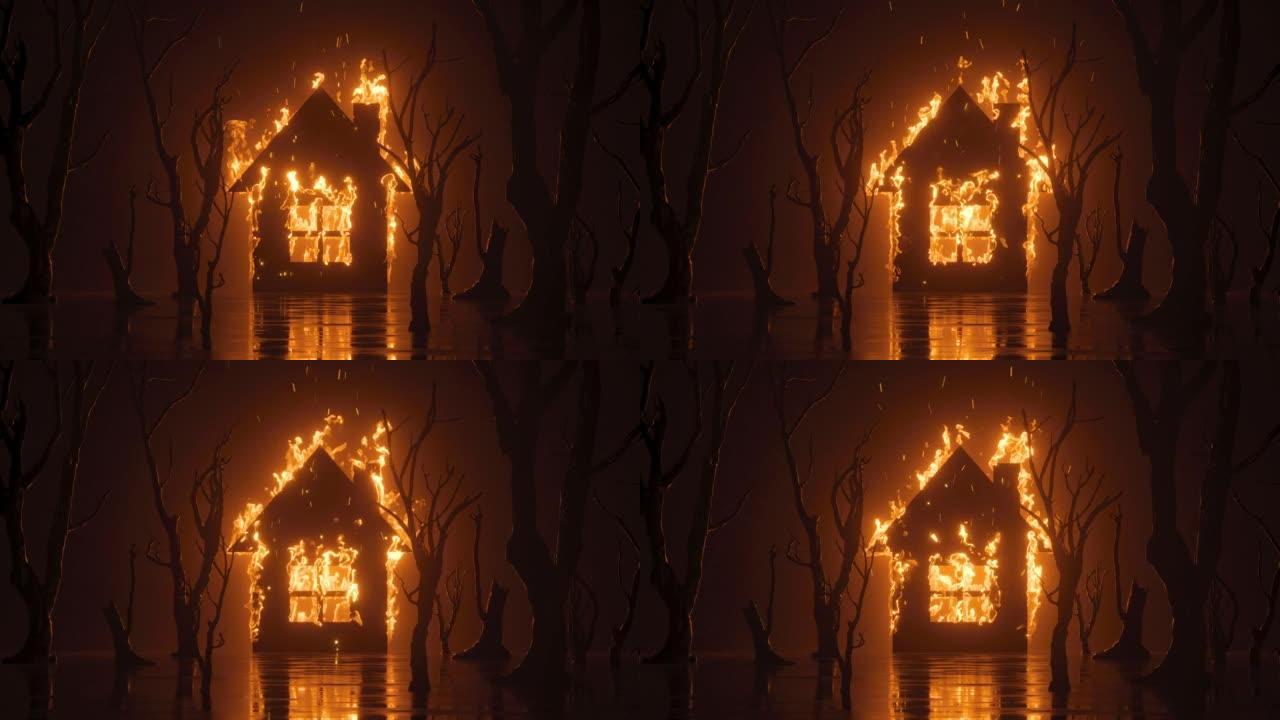 3d动画，抽象的黑色背景，燃烧的房屋和树木着火。不可抗力概念。财产意外保险