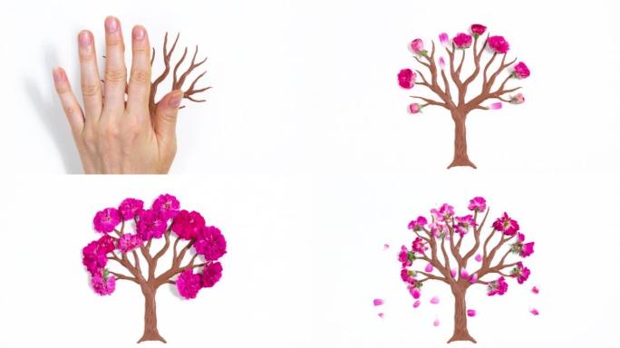 手从树上走过，鲜花在树上盛开，象征着创造的过程。