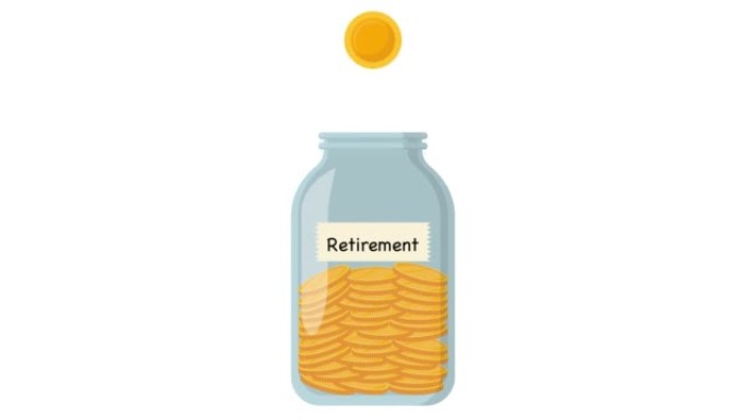 硬币落入玻璃罐的图形2d动画。把钱存进罐子里退休。金融和经济概念。阿尔法通道 (透明背景)