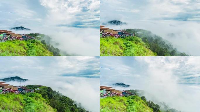 局部山峰上的山谷宁静景象，有雾气，延时视频