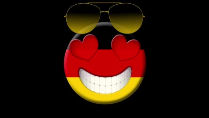 德国。德国国旗，太阳镜和心形眼睛的笑脸动画。动画Emoji。黑色背景上的笑脸图标动画。表情符号运动设