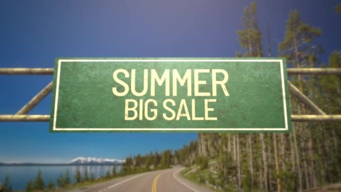 Summer Big Sale on road sign with road and forest 