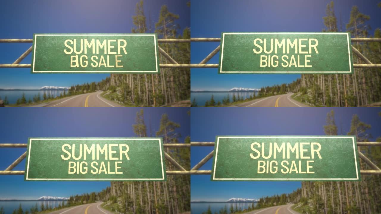 Summer Big Sale on road sign with road and forest 