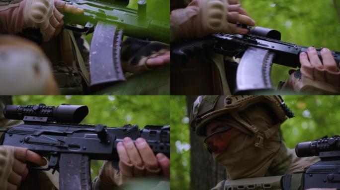 身穿迷彩服的乌克兰士兵正在给AK-74卡拉什尼科夫冲锋枪装弹