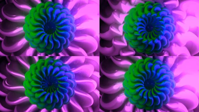 抽象的粉红色、蓝色和绿色分形花，花瓣移动。动。美丽催眠渐变花缓慢转化，无缝循环。