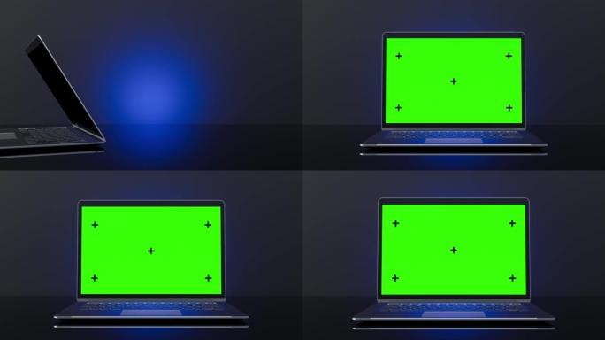 金属笔记本电脑模型和蓝光放置在黑色背景上。