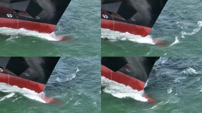 集装箱船船首在海洋中鸟瞰图