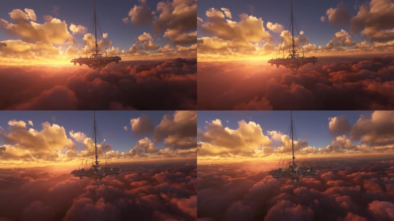 日落时的未来之城。在科幻城市的云层上方进行空中拍摄