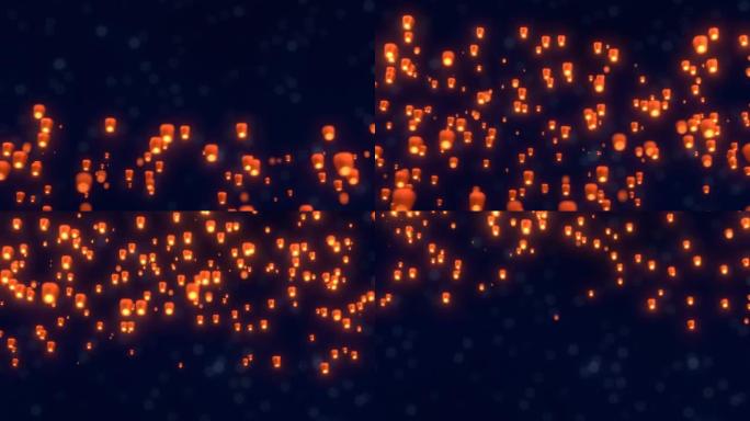 许多发光的灯笼在黑暗的夜空中飞翔3D 4k动画