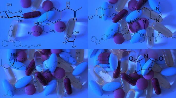 药丸和胶囊在覆盖层中出现了来自制药，维生素和其他化合物的化学结构