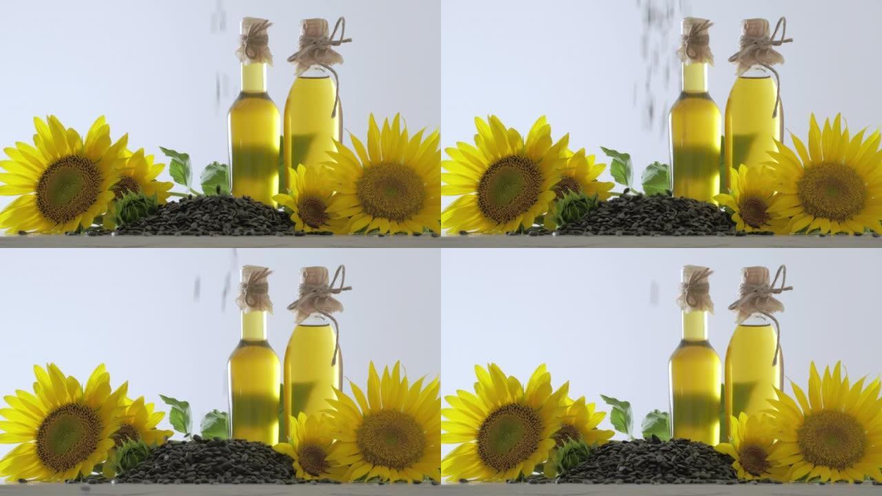 人手中的葵花油、黄色葵花花和葵花籽。葵花花和种子用于制造石油。乌克兰制造的有机健康产品