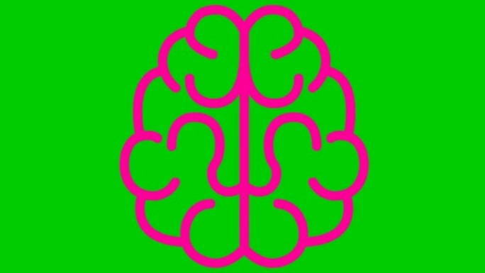大脑的动画粉色符号。图标是逐渐绘制的。想法和创意的概念。孤立在绿色背景上的线矢量插图。