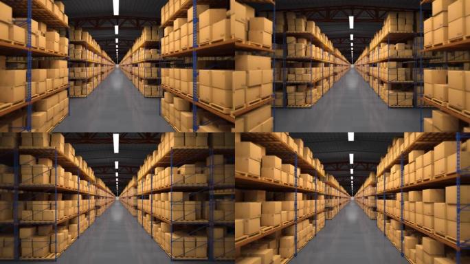 相机在一个装有箱子和包裹的大仓库中的飞行。无缝循环第一人称射击。市场和仓库逼真的3d渲染动画的概念。