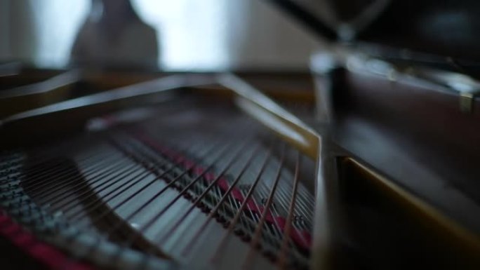 从打开的乐器盖子到无法识别的女钢琴家演奏柔和的古典音乐的特写跟踪镜头。