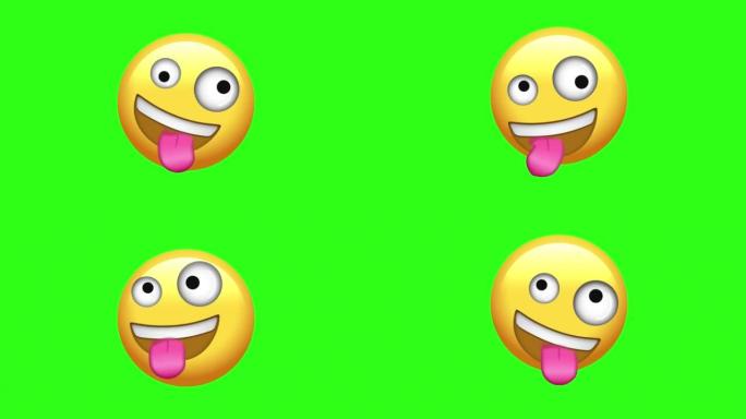 动画的Zany，吐舌脸表情符号。无缝循环。绿色屏幕背景上的4k卡通表情表情动画。社交媒体表达情感和情