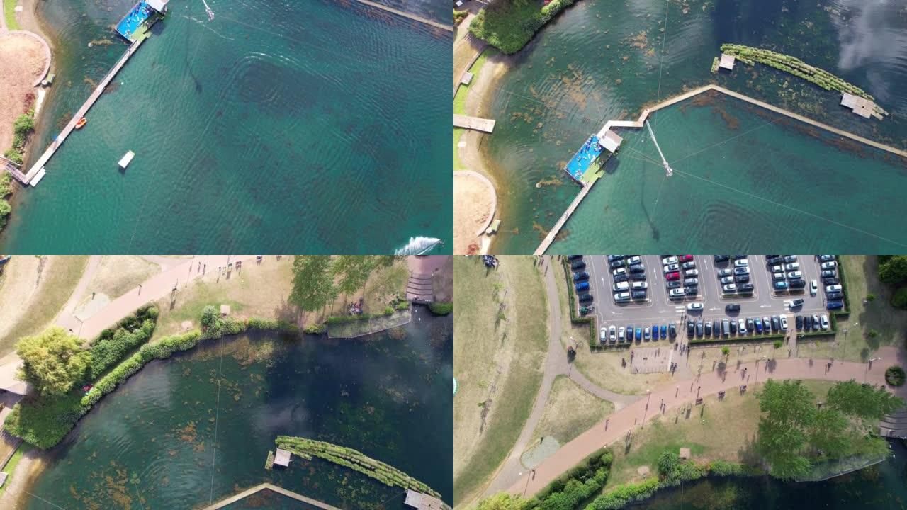 英格兰威伦湖、水上运动和公园的高角度镜头