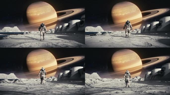 勇敢的宇航员穿着太空服自信地在月球表面走向土星。火星殖民地和基地，火星探测器月球表面，散布着小石头和