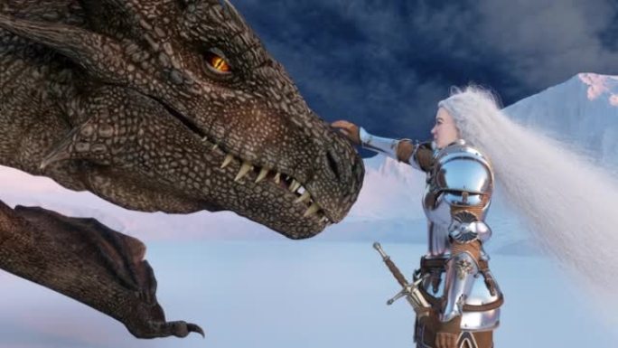 白发女战士骑士在雪山的背景下抚摸龙。幻想艺术品场景。CGI动画3d渲染