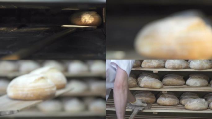 从烤箱里取出成品面包。慢动作