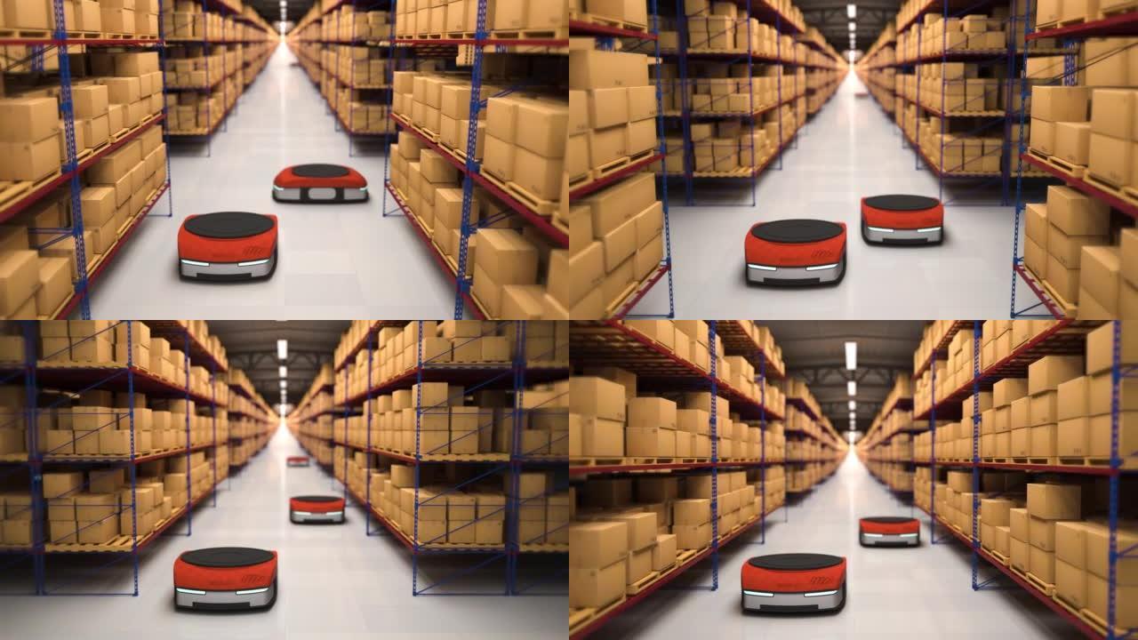 自动机器人移动货架与纸板箱在自动化仓库。无缝循环。未来概念的自动化仓库。逼真的高质量3d渲染动画