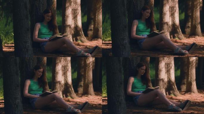 浪漫的年轻女孩看书，坐在户外林地人行道上的树荫下。该国的假期