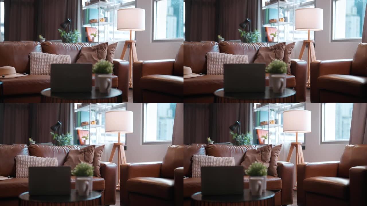 earthtone配色方案装饰客厅家居室内背景，真皮沙发温馨欢迎舒适室内背景