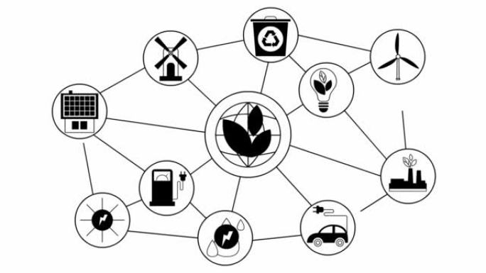 白色圆圈中的动画平面生态图标。用于可持续能源、可再生能源、绿色技术、生态护理的扁平黑色符号。白色背景