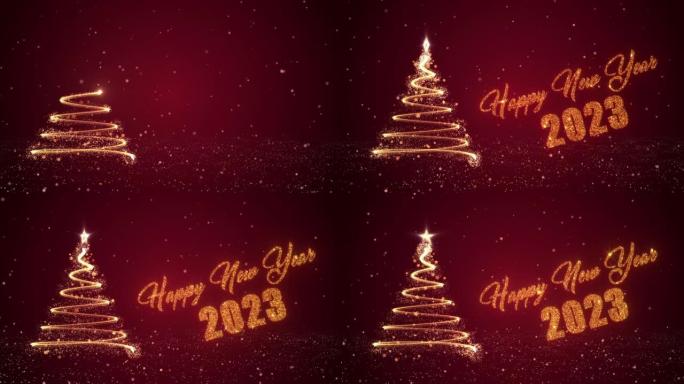 红色背景2023年新年快乐的圣诞树