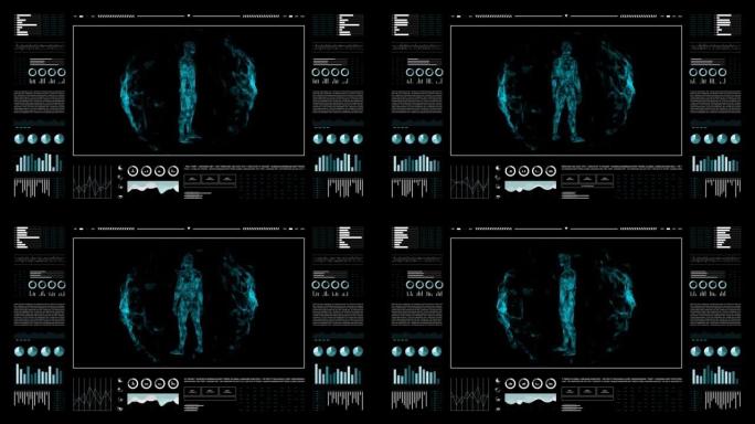 3d人体，带有信息图表动画数据的未来医学扫描，诊断计算机概念，医学研究显示