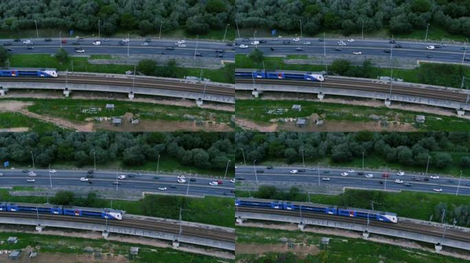在里斯本市中心相交的道路，高架桥和火车线的空中图像