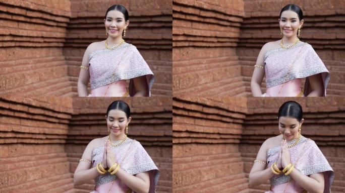泰国传统服装中的泰国妇女敬礼肖像