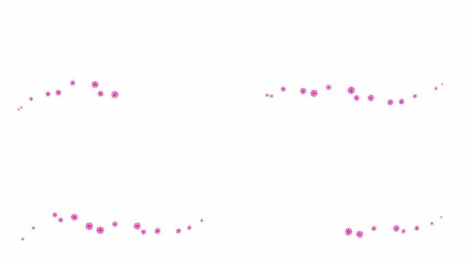 动画粉色雪花从左到右飞舞。一波飞雪。冬天的概念，寒冷。矢量插图孤立在绿色背景上。