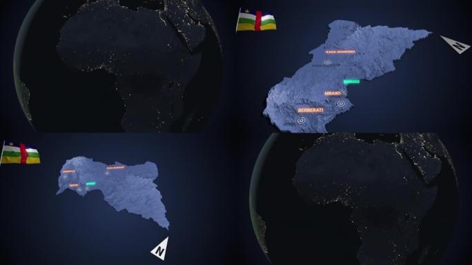 放大到中非共和国的3d地图之夜