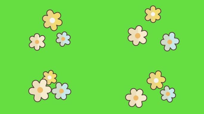 绿色背景上的卡通花朵的4k垂直视频。