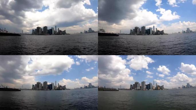 时间流逝的日落云在曼哈顿下城的建筑物上移动