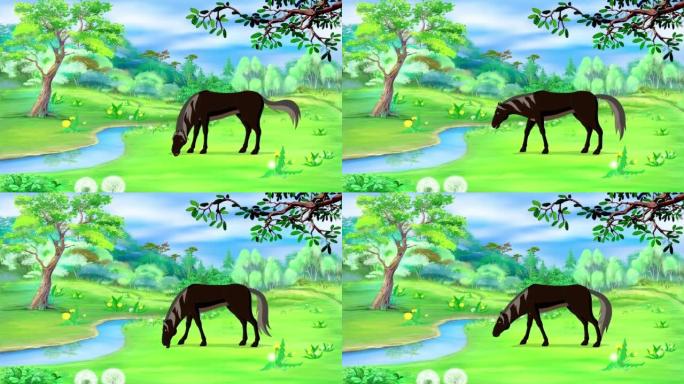 黑马在草地上吃草