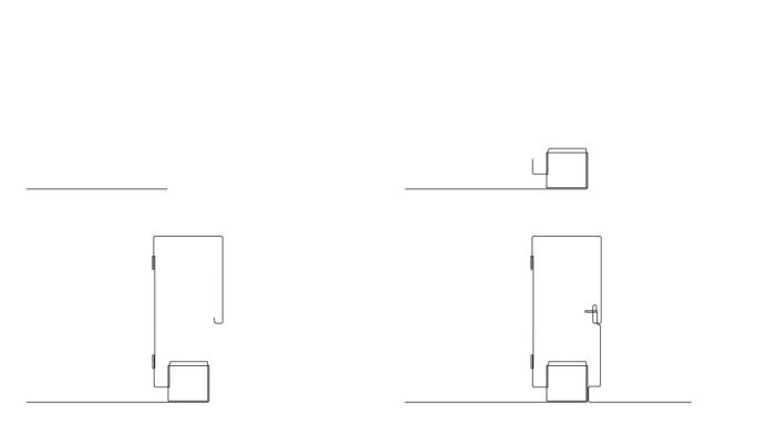 靠近门的纸箱、纸袋的自画动画。连续一张线条图。