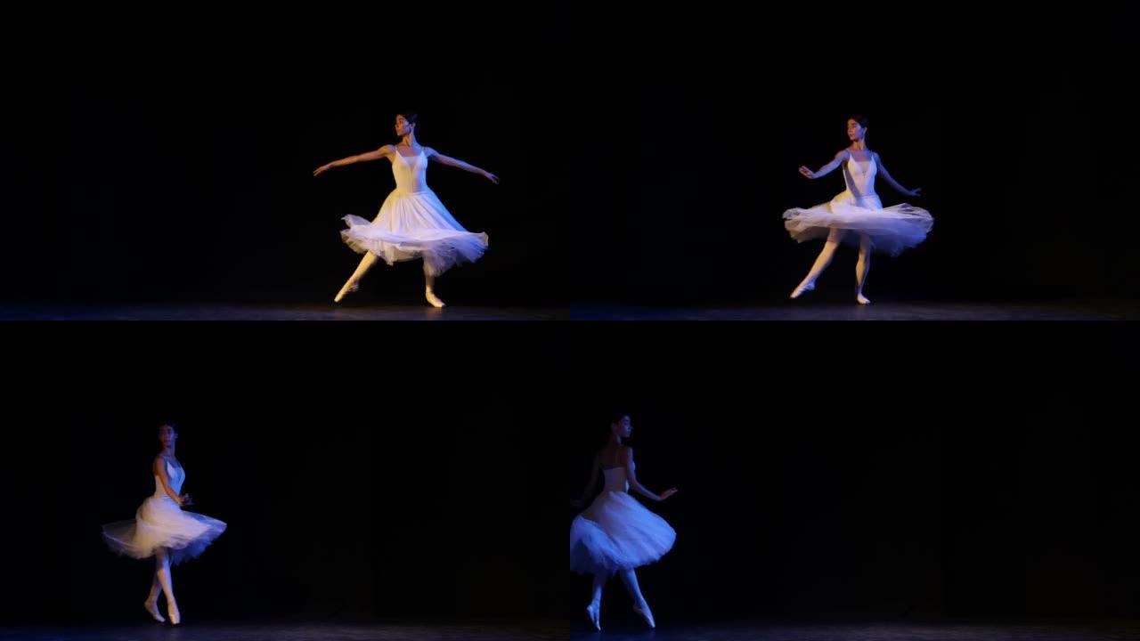 古典芭蕾舞女舞者在做古典芭蕾舞的元素。穿着白色裙子的芭蕾舞女演员出现失重生物。