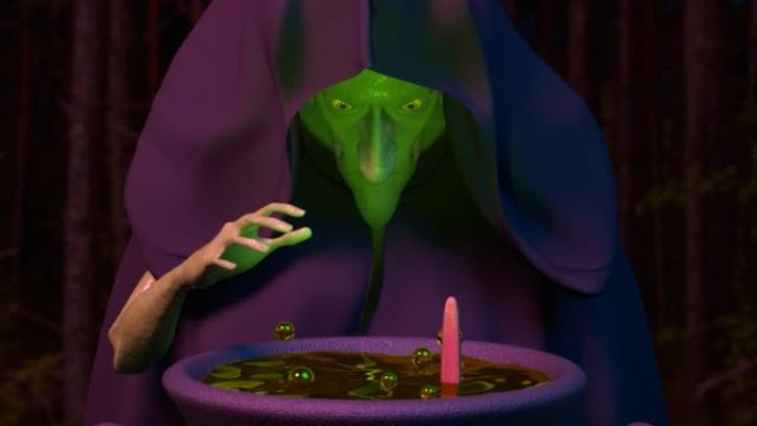 Green old witch in the dark cloak makes a potion 3