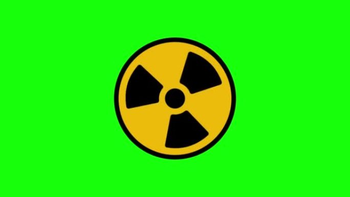 动画辐射旋转。核符号在绿色背景上孤立地旋转。黄色放射性标志在绿色背景上旋转。运动图形