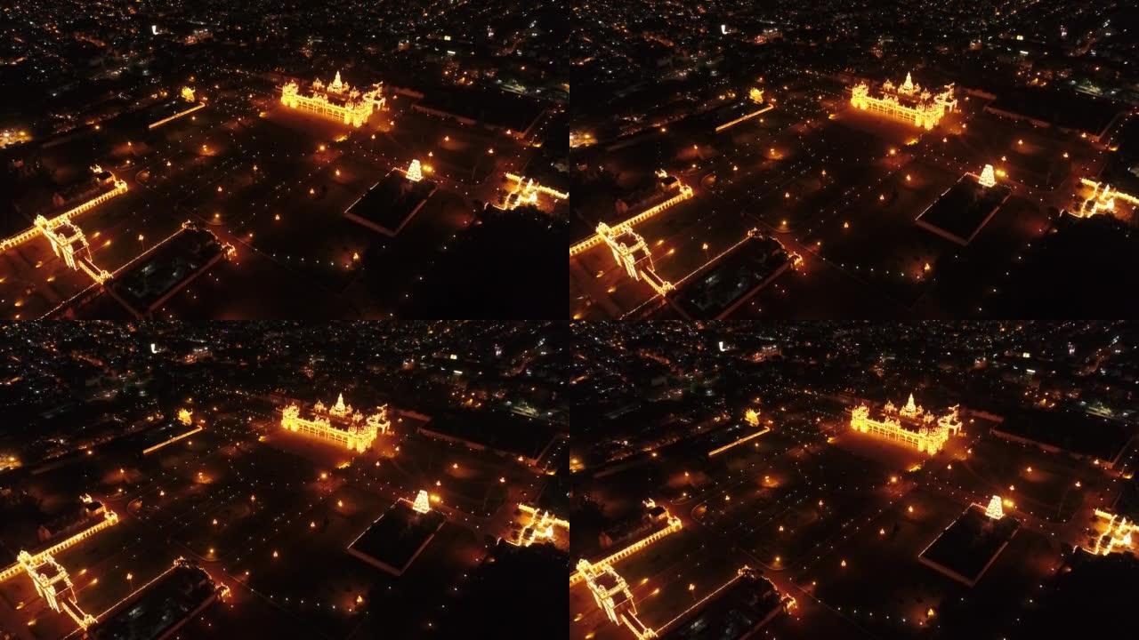 迈索尔宫殿的空中拍摄在夜间完全照亮