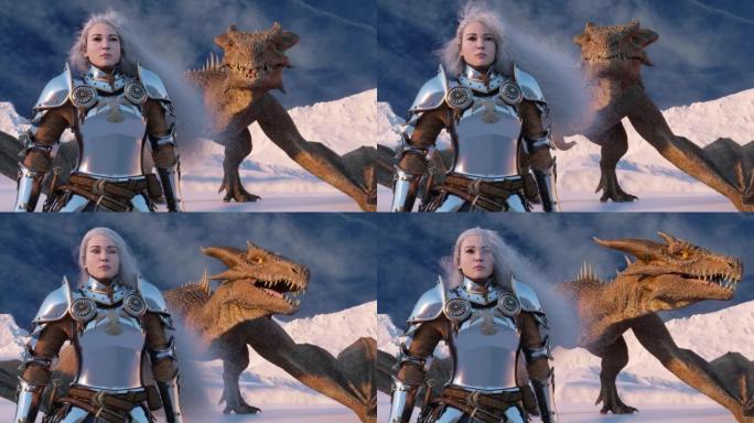 白发女战士骑士站在雪山的背景下，身后拿着一把拔出的剑和一条龙。
